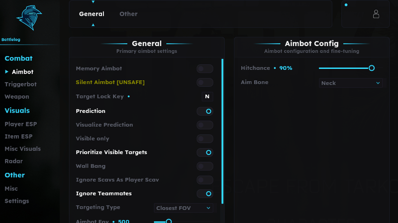 Tarkov cheats menu preview